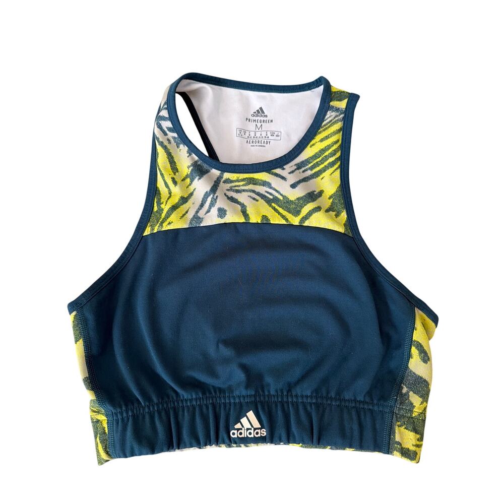 Adidas Sports Bra Women's Size Medium Blue Yellow Print Gym Workout Running